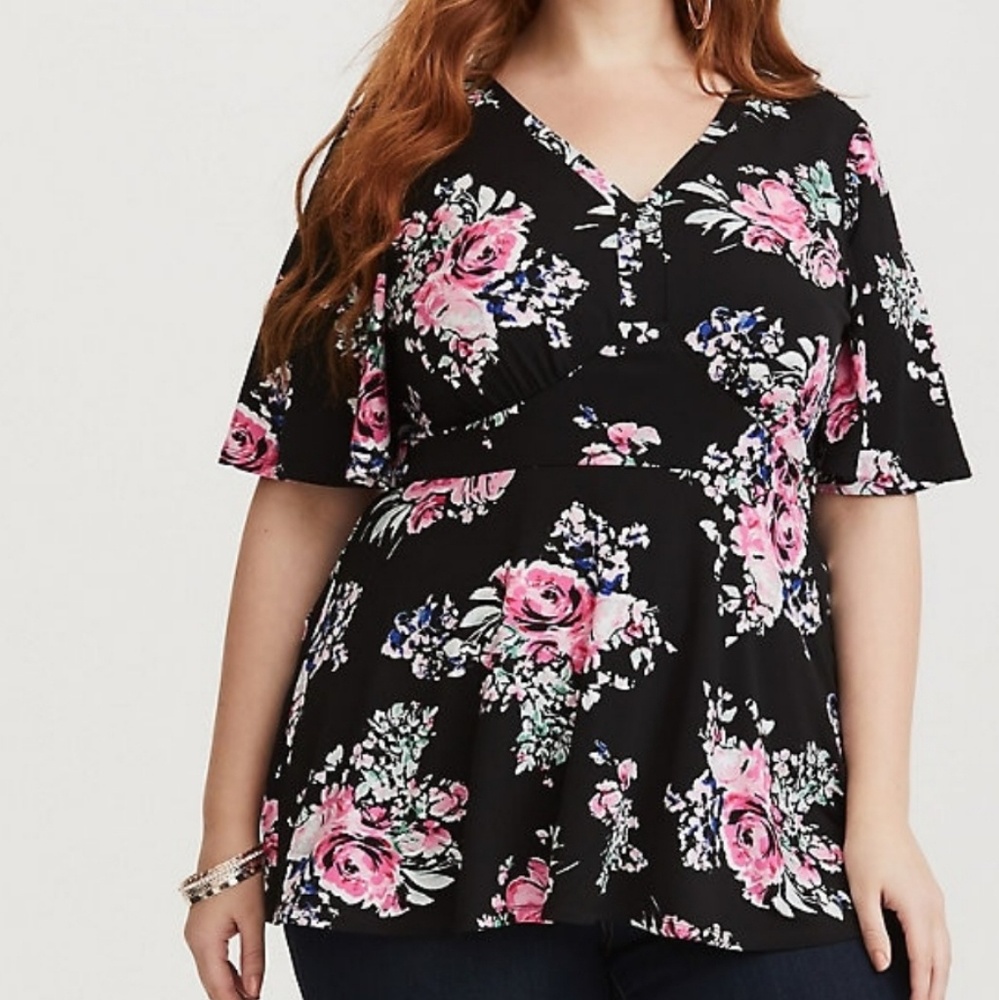  Black Floral Jersey Knit Peplum Top 
